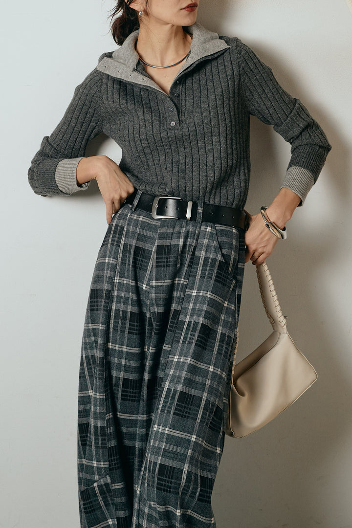 [SET]レイヤード風リブニットトップス+ベルト付きタータンチェックカーブワイドパンツ(2set)