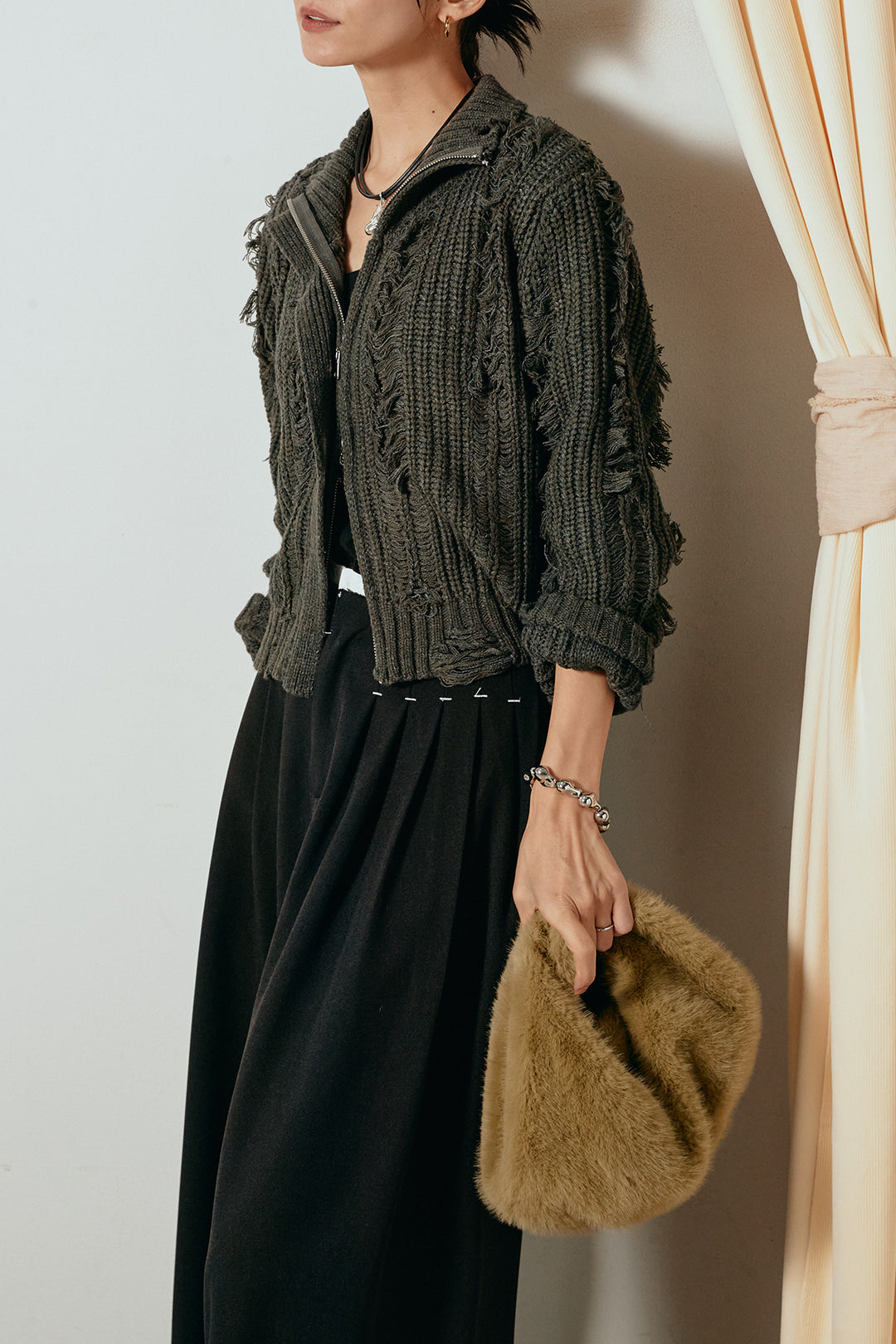 [SET]ハイネックフリンジジップニットトップス+ウエストステッチデザインワイドスラックス(2set)