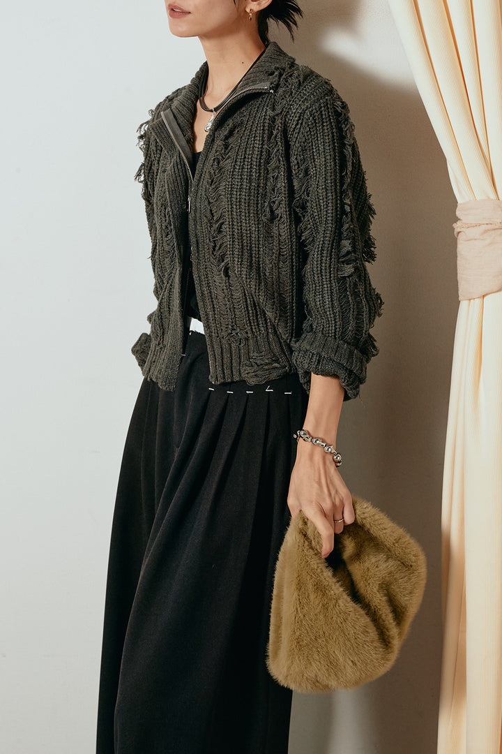 [SET]ハイネックフリンジジップニットトップス+ウエストステッチデザインワイドスラックス(2set)