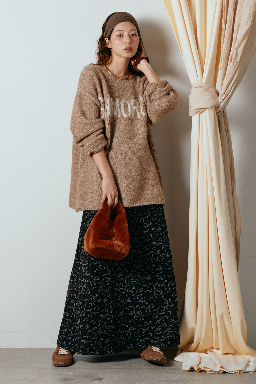 [SET]フロントロゴデザインニットトップス+レオパードロングスカート(2set)