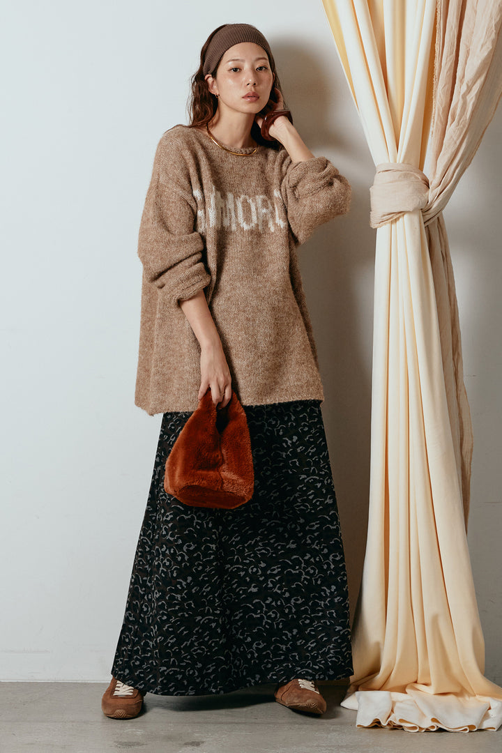 [SET]フロントロゴデザインニットトップス+レオパードロングスカート(2set)