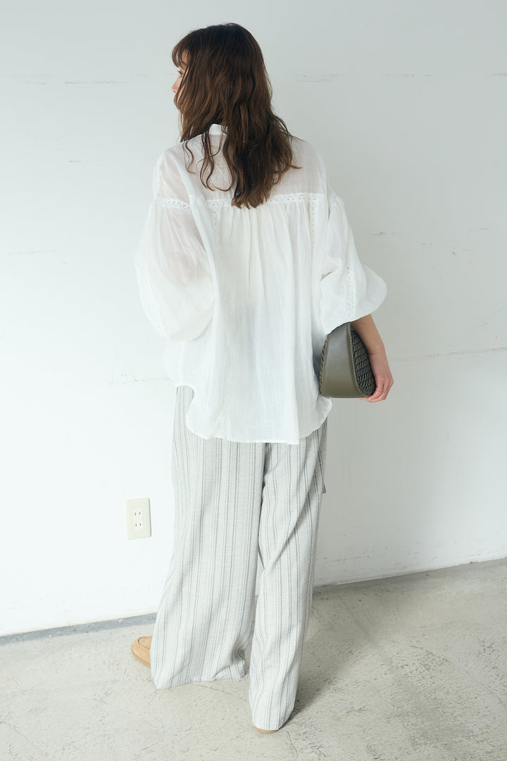 [SET]レース刺繍ラインバンドカラーシャツ+リネンライクピンストライプサイドデザインパンツ(2set)