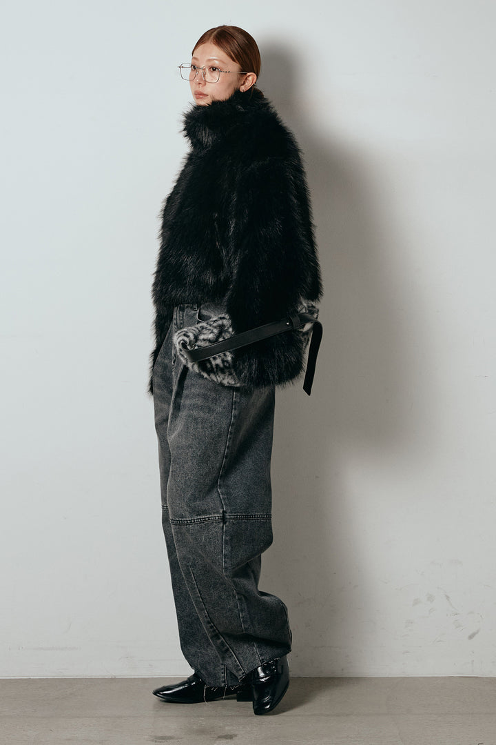 [SET]エコファーショート丈ブルゾン+加工デニムタックコクーンワイドパンツ(2set)