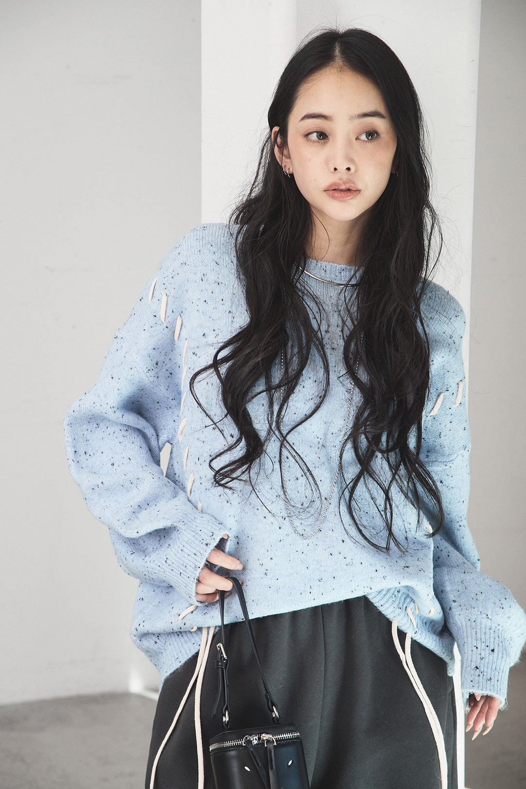 [SET]ネップ編み上げニットトップス+裏起毛スウェットワイドパンツ(2set)