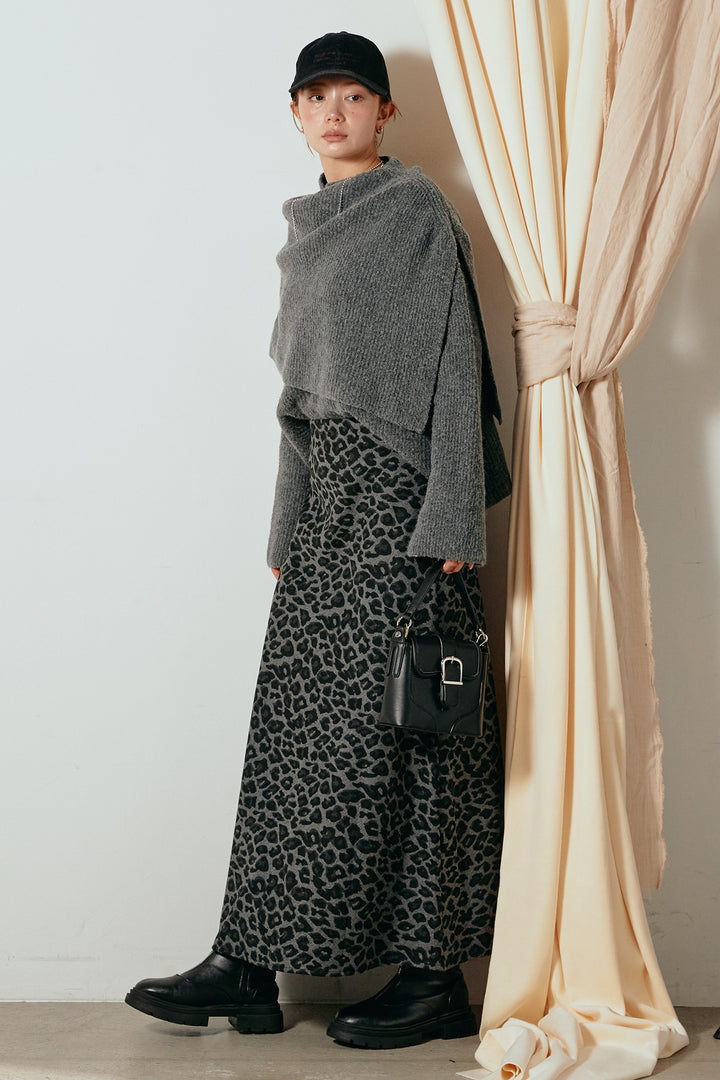 [SET]ケープデザインリブニットトップス+レオパードロングスカート(2set)