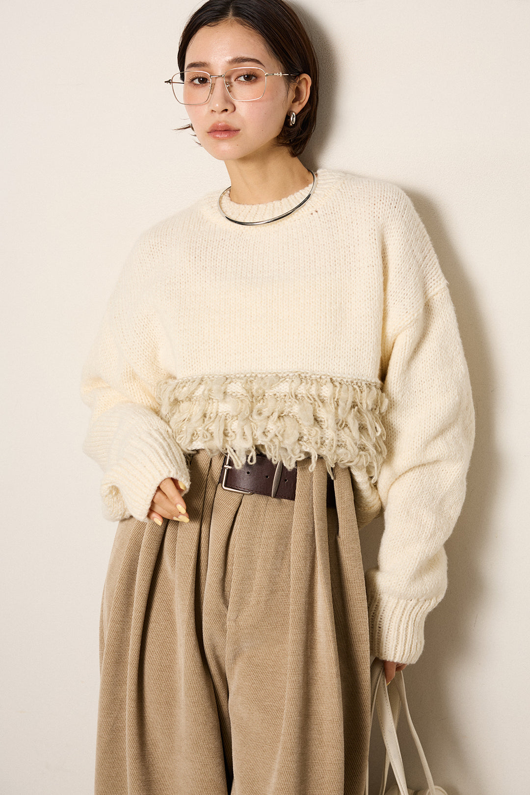 [SET]ループ編み切り替えニットプルオーバー+ベルトループコーデュロイワイドパンツ(2set)