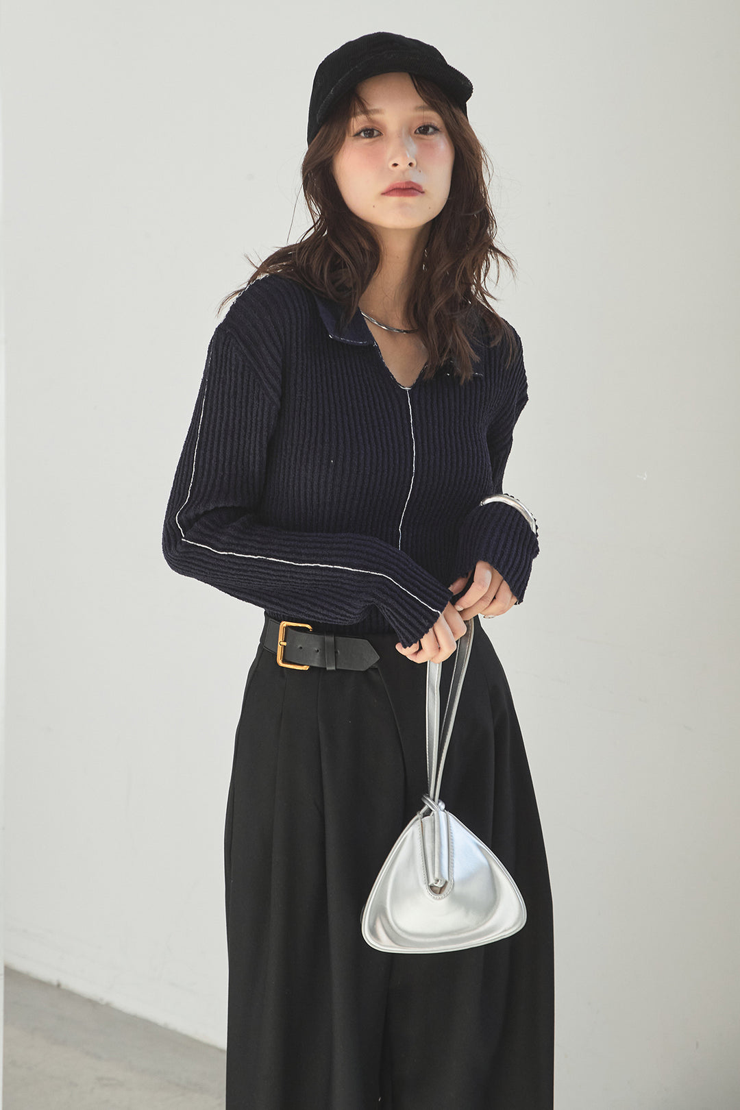 [SET]衿付きニットプルオーバー+サイドベルトタック入りスラックス(2set)