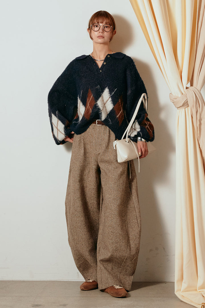 [SET]アーガイル柄ポロニットトップス+ベルト付きネップツイードカーブパンツ(2set)