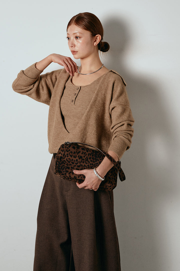 [SET]襟付きレイヤードニットトップス+ポーチベルト付きカーブパンツ(2set)