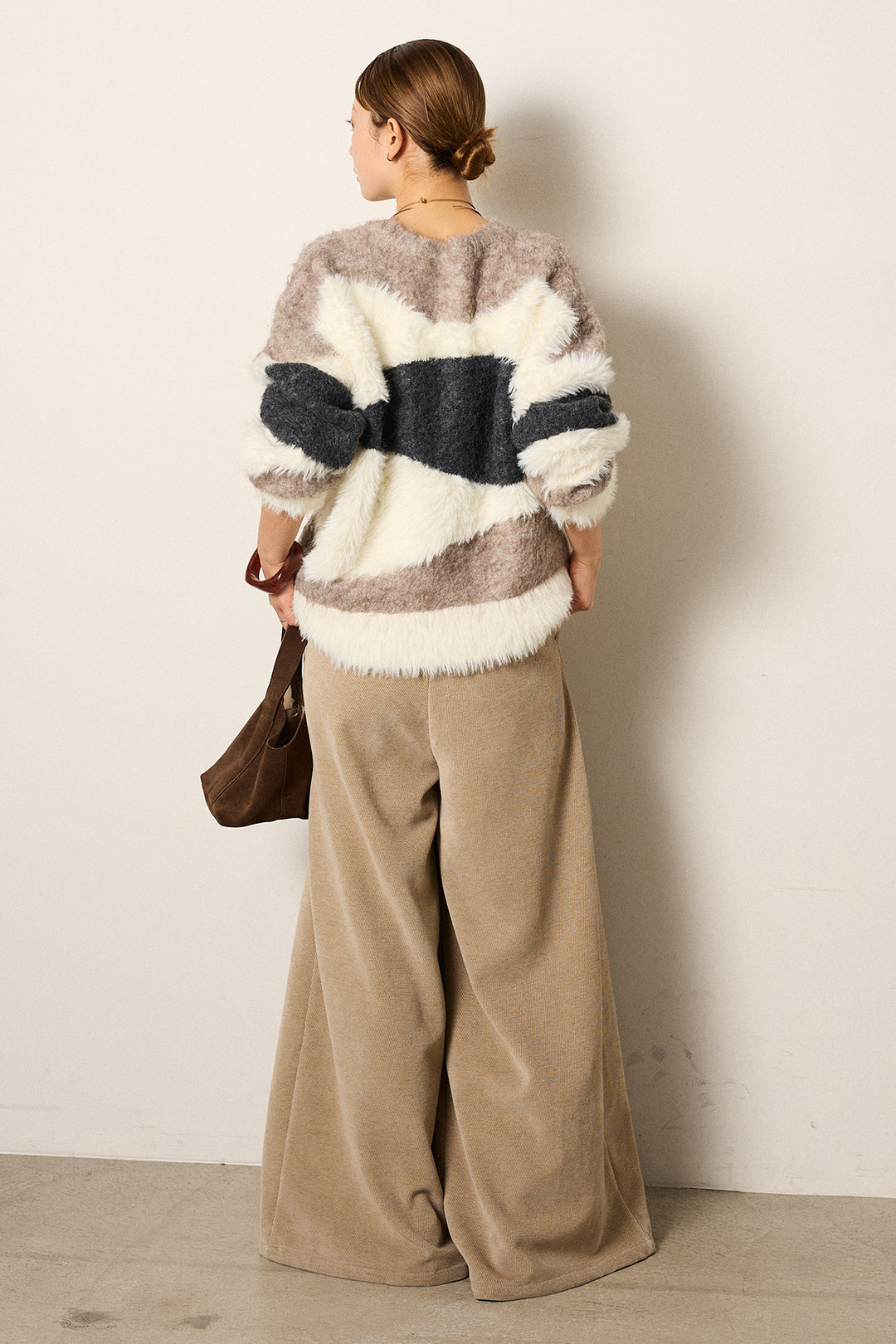 [SET]シャギーウェーブ柄クルーネックニットトップス+ベルトループコーデュロイワイドパンツ(2set)