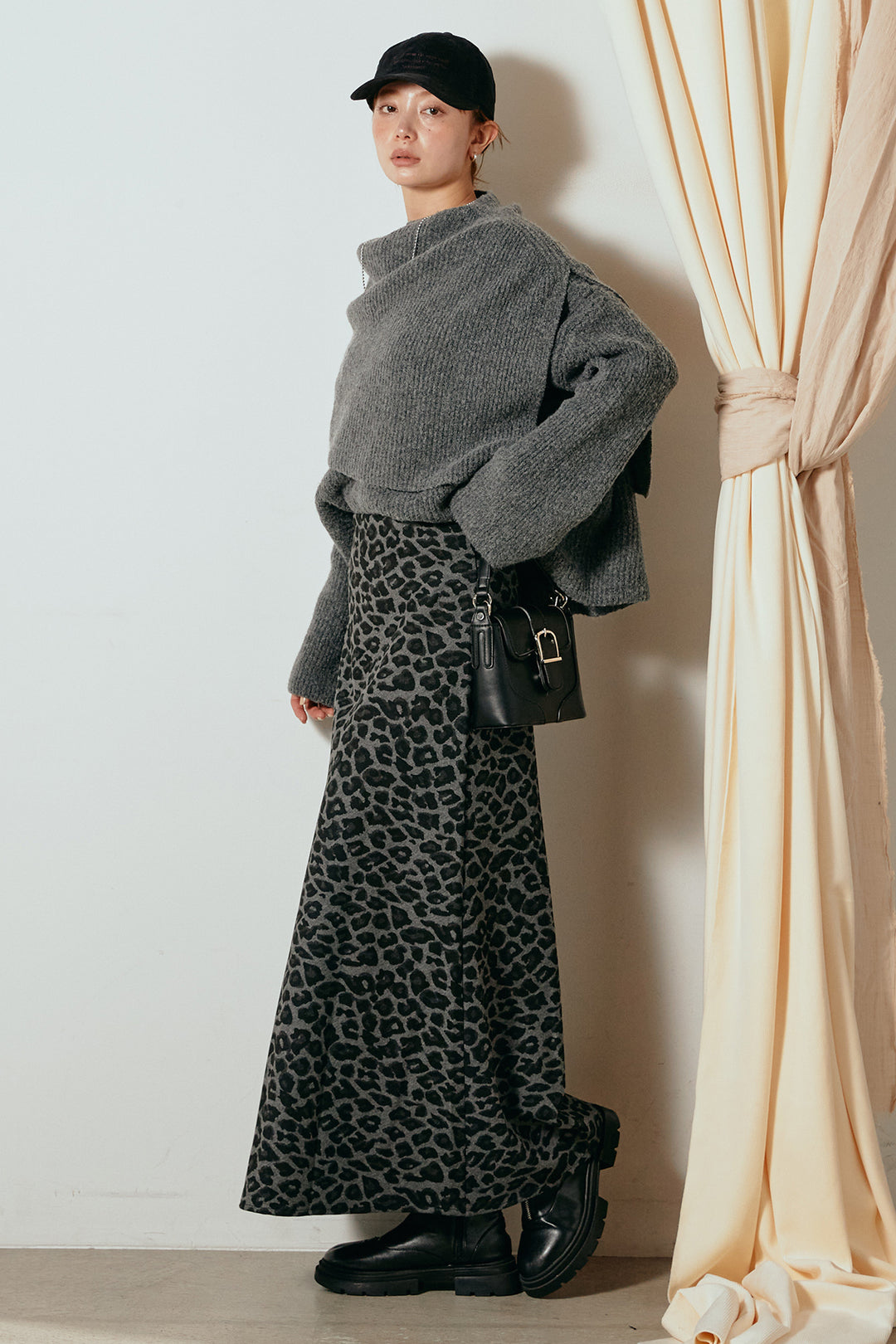 [SET]ケープデザインリブニットトップス+レオパードロングスカート(2set)