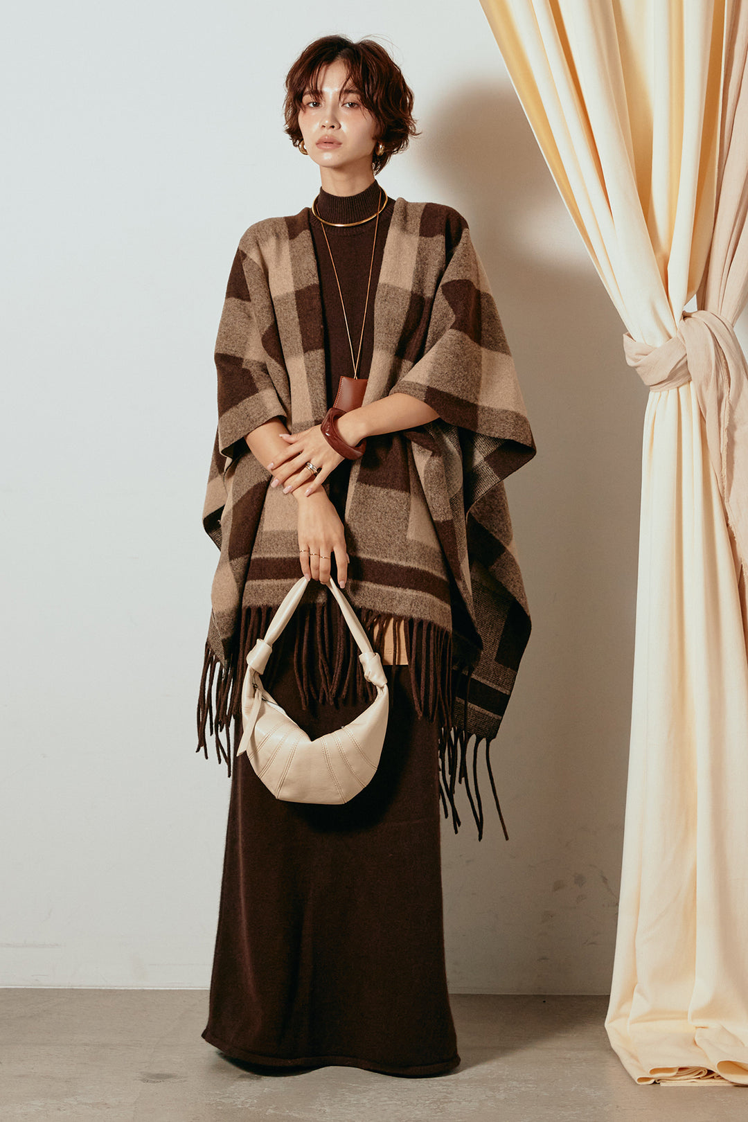 [SET]裾フリンジ柄ポンチョアウター+ノースリーブニットロングワンピース(2set)