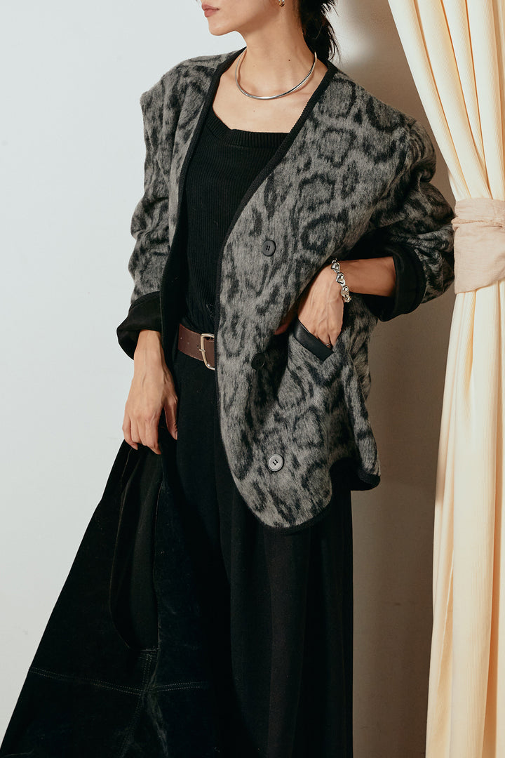 [SET]ノーカラーレオパード柄アウター+フェイクレザー太ベルト付きタックワイドパンツ(2set)