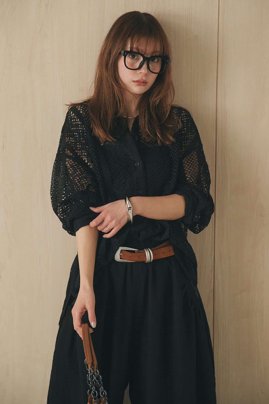 [SET]長袖襟付きレースシャツ+ポケットタックフォルムパンツ(2set)