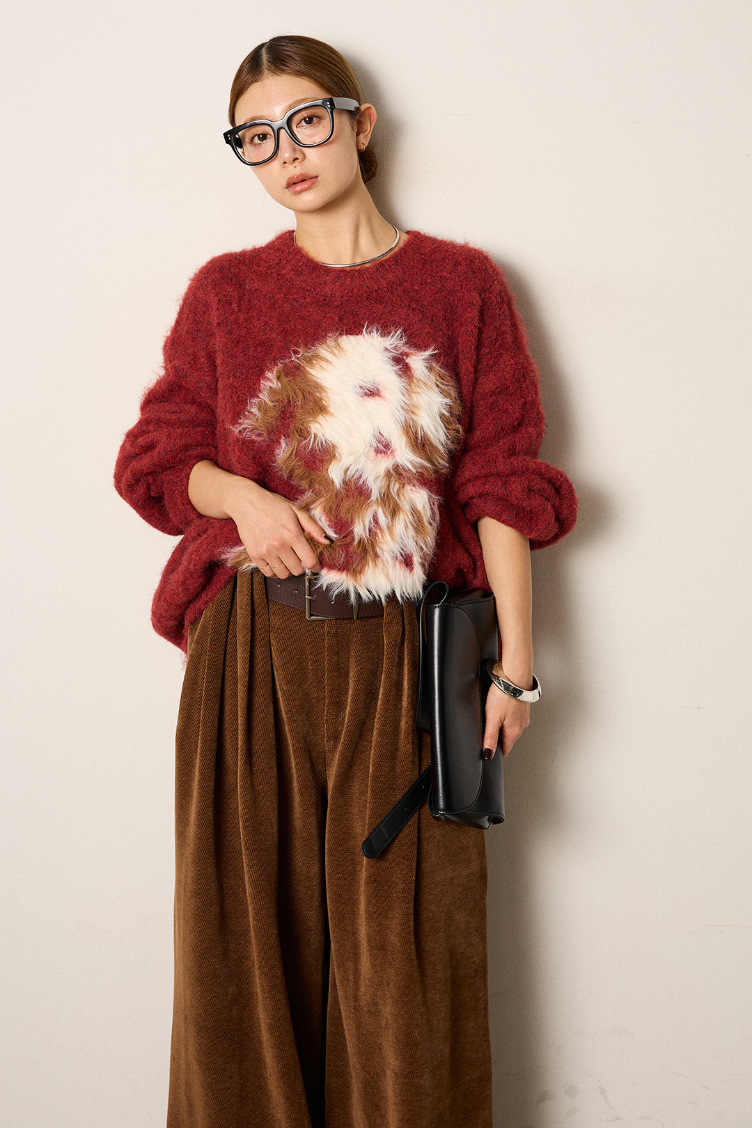 [SET]シャギーニュアンスアニマルニット+ベルトループコーデュロイワイドパンツ(2set)