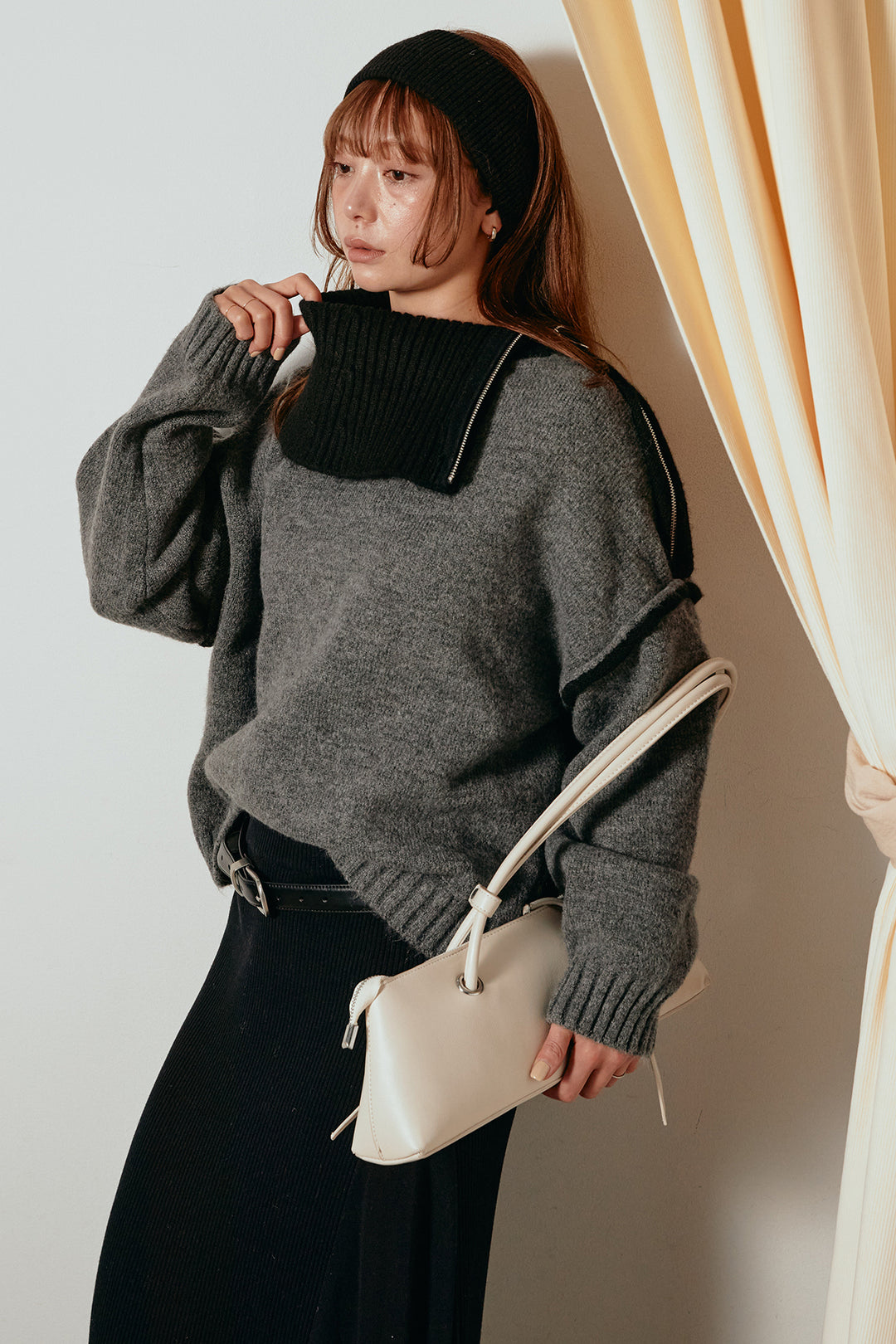 [SET]ハイネックジップデザインニットトップス+サイド切り替えリブニットロングスカート(2set)