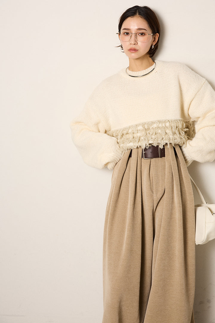 [SET]ループ編み切り替えニットプルオーバー+ベルトループコーデュロイワイドパンツ(2set)