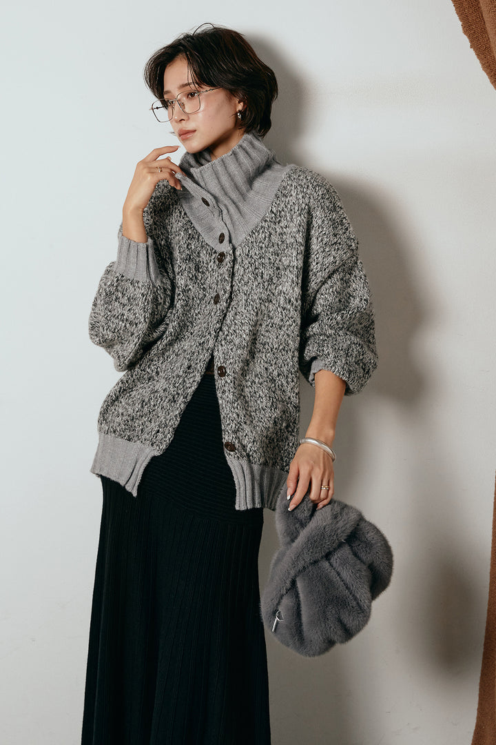 [SET]ハイネックミックスニットカーディガン+編み地切り替えフレアニットスカート(2set)