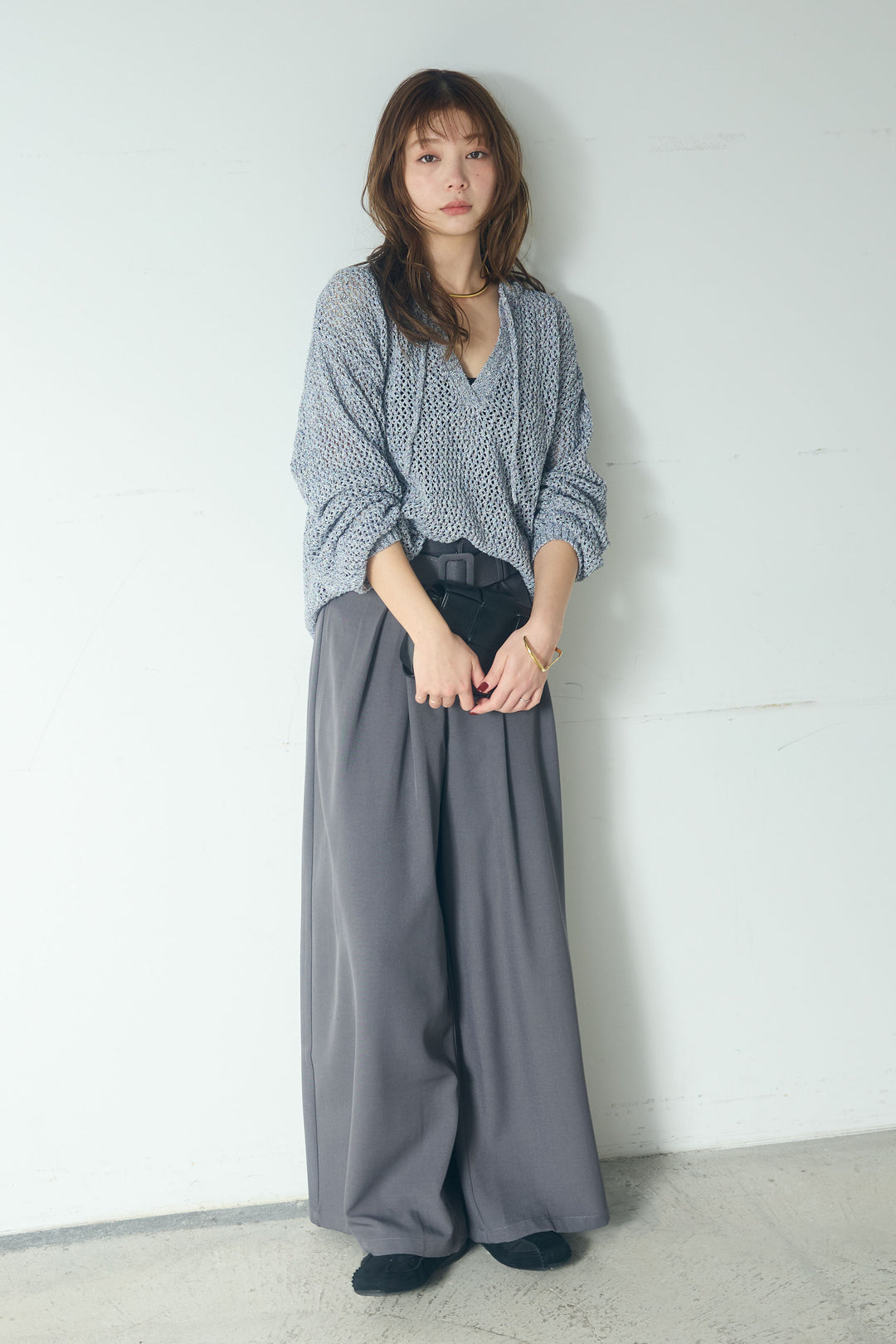 【即納】ミックスメッシュキーネックプルオーバー