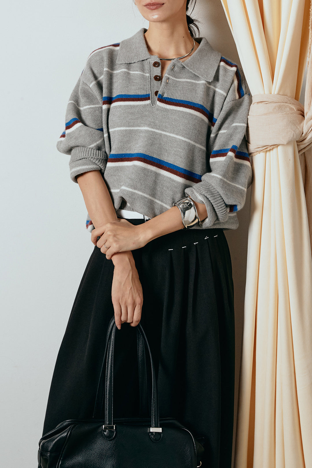 [SET]襟付きマルチボーダーニットポロトップス+ウエストステッチデザインワイドスラックス(2set)