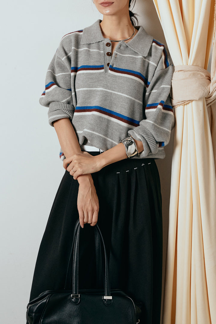 [SET]襟付きマルチボーダーニットポロトップス+ウエストステッチデザインワイドスラックス(2set)