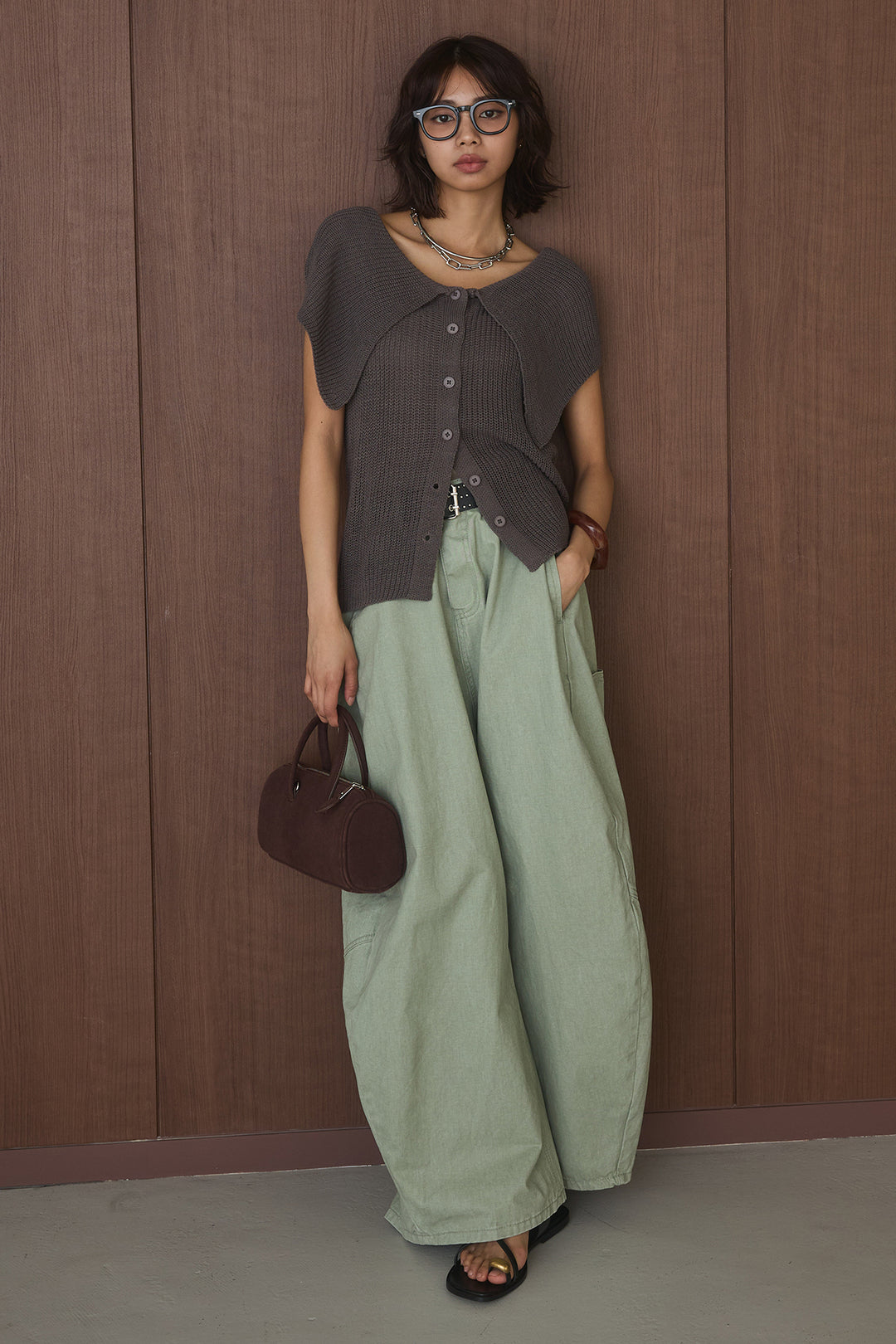 [SET]ビッグカラーボタンニットトップス+ベルト付きカラーデニムパンツ(2set)