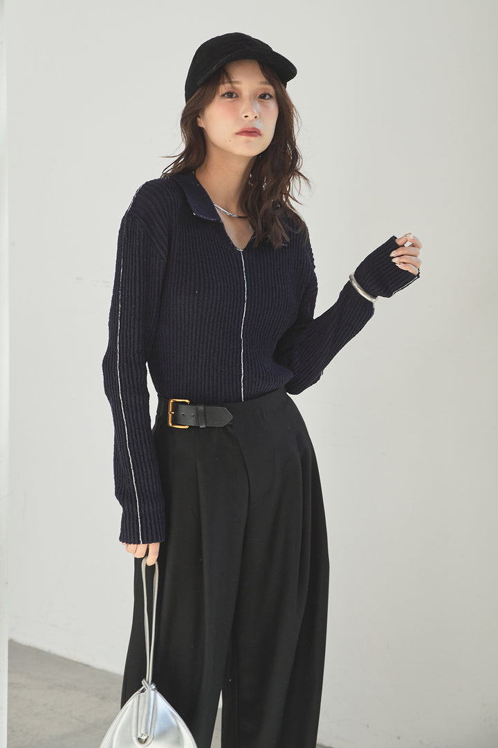 [SET]衿付きニットプルオーバー+サイドベルトタック入りスラックス(2set)