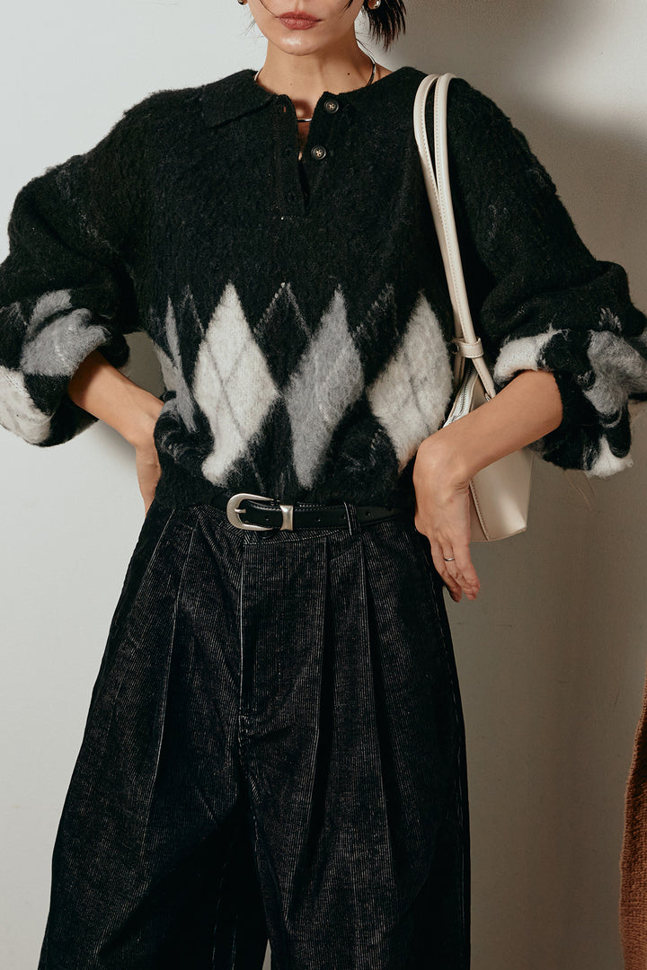 [SET]アーガイル柄ポロニットトップス+フロントタック入りコーデュロイパンツ(2set)