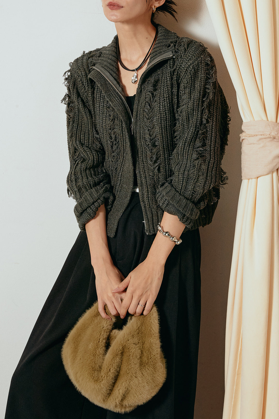 [SET]ハイネックフリンジジップニットトップス+ウエストステッチデザインワイドスラックス(2set)