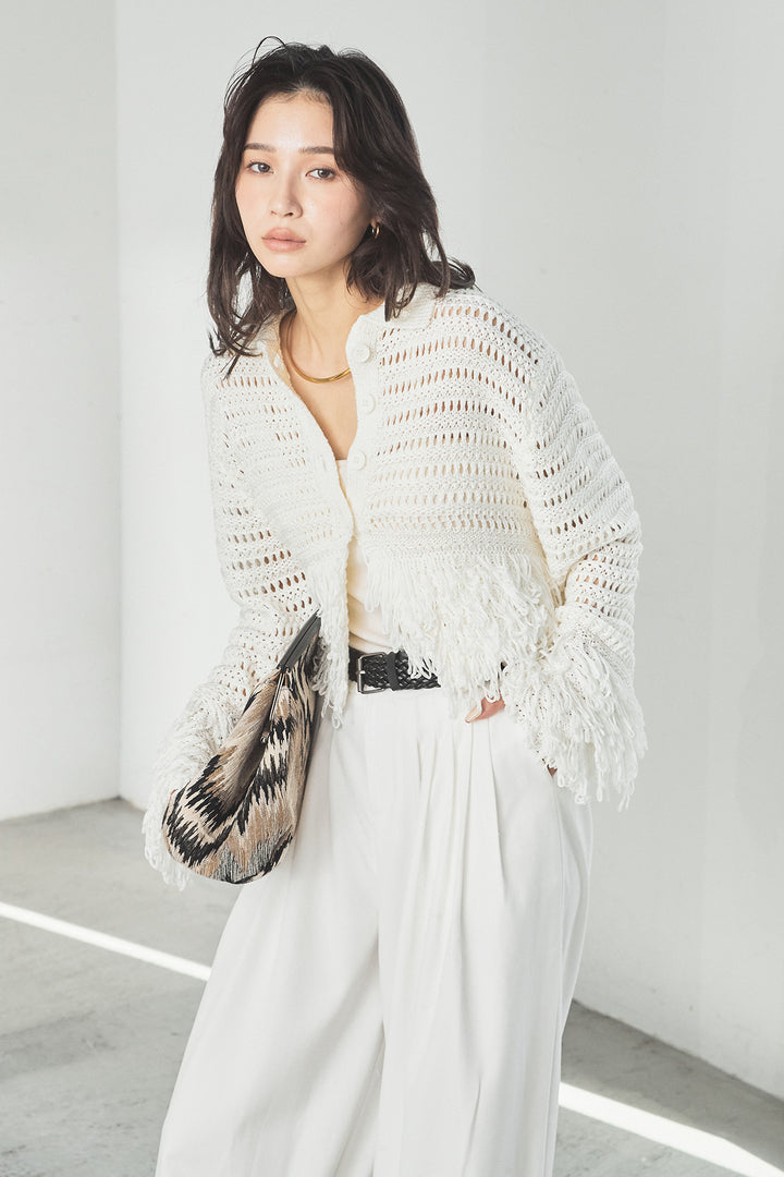 [SET]メッシュフリンジカーディガン+編みベルト付きウエストタックワイドパンツ(2set)
