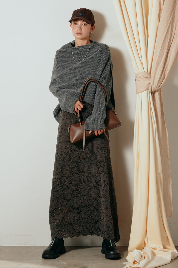 [SET]ケープデザインリブニットトップス+花柄刺繍ベロアフレアスカート(2set)