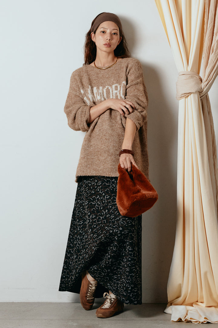 [SET]フロントロゴデザインニットトップス+レオパードロングスカート(2set)