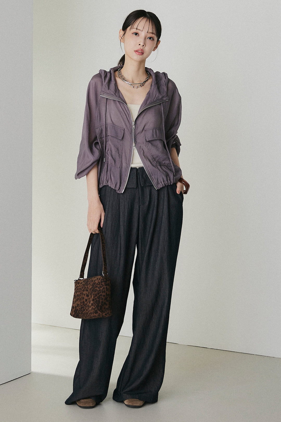 [SET]裾ドロストシアーWジップフーディーブルゾン+ウエスト折り返しワイドパンツ(2set)