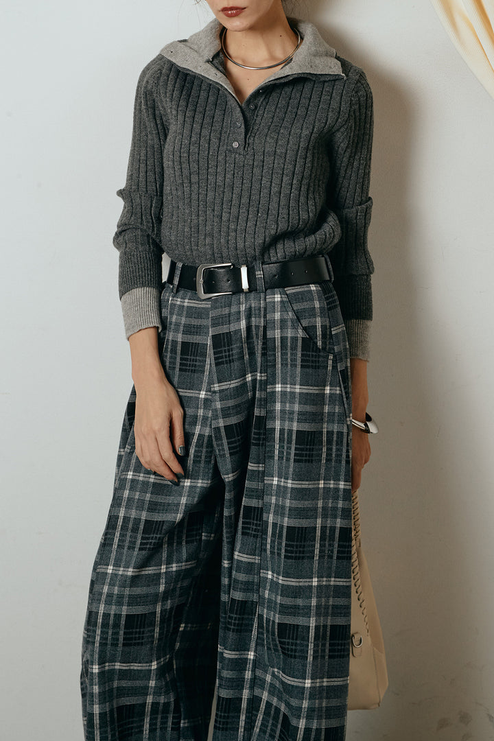 [SET]レイヤード風リブニットトップス+ベルト付きタータンチェックカーブワイドパンツ(2set)