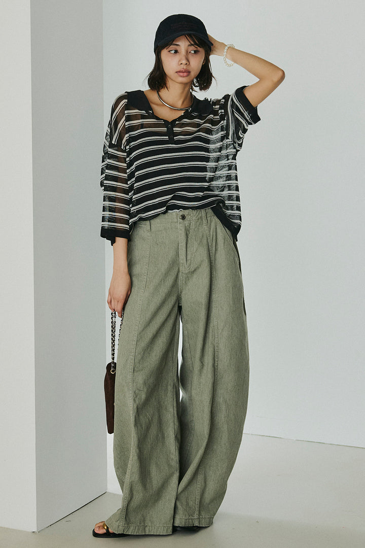 [SET]ボーダーニットポロシャツ+サイドベルトカーブワイドパンツ(2set)