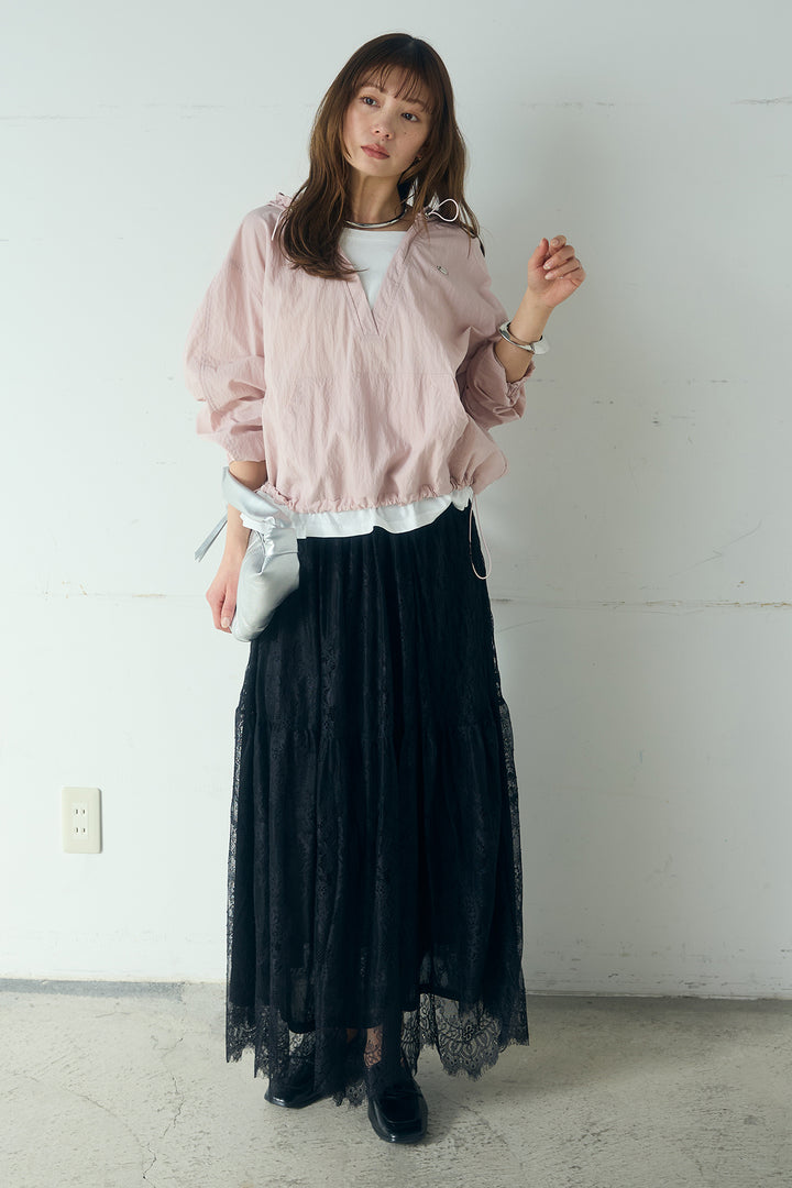 [SET]レイヤードデザインフーディートップス+ひげレース切替ロング丈スカート(2set)