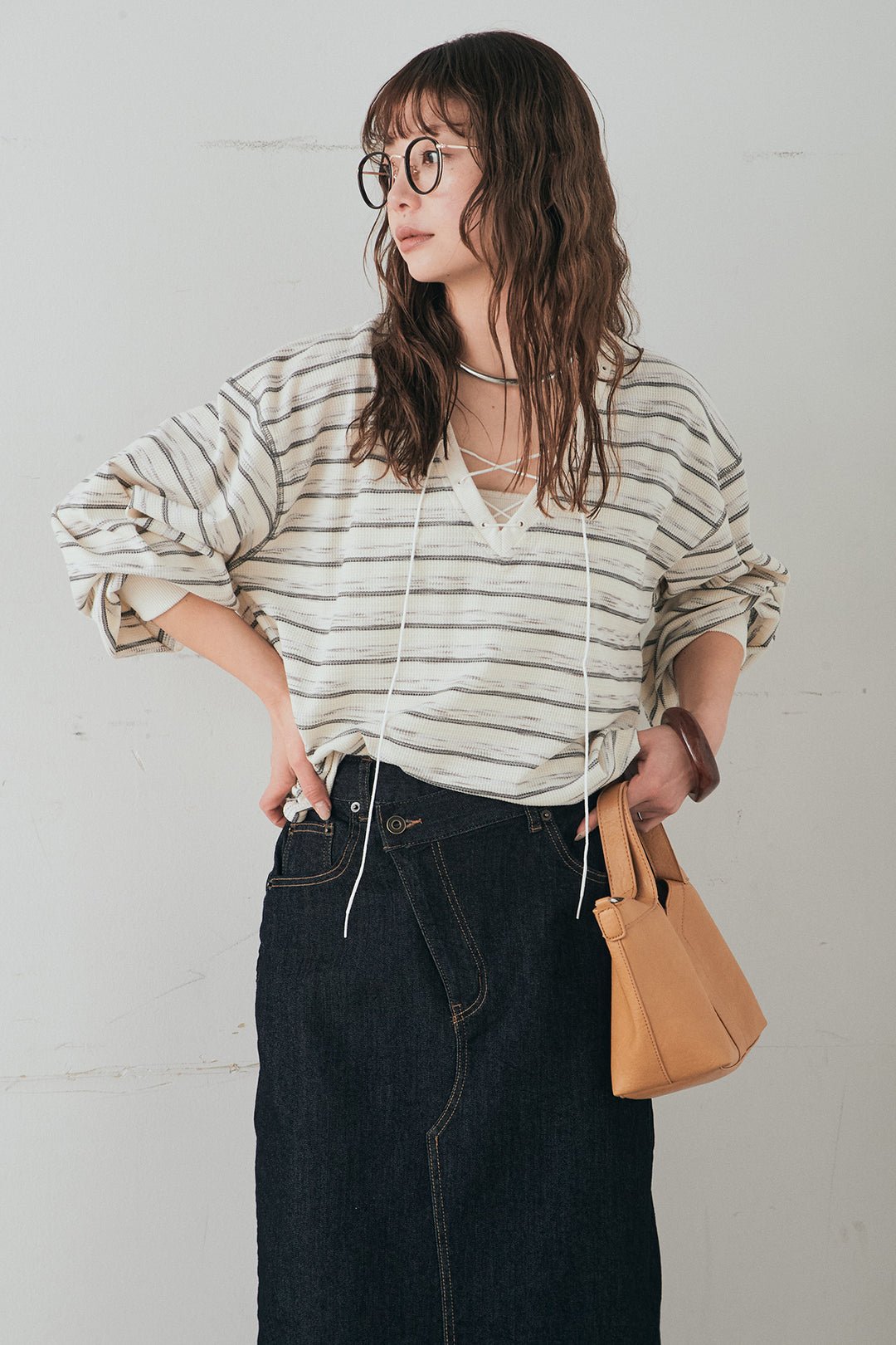 [SET]レースアップワッフルボーダートップス+ウエストクロスデニムタイトスカート(2set)