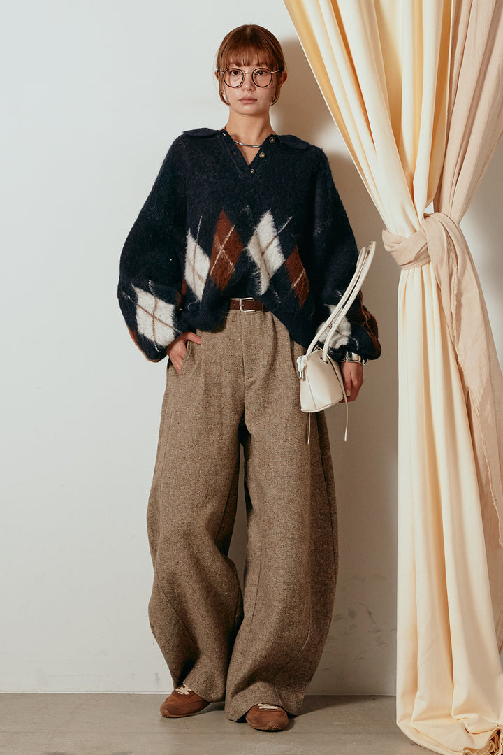 [SET]アーガイル柄ポロニットトップス+ベルト付きネップツイードカーブパンツ(2set)