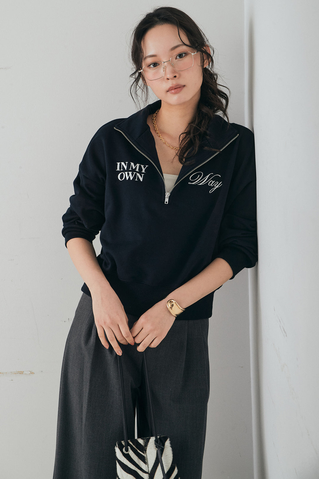 [SET]裏毛ロゴ刺繍ハーフZIPスウェット+斜めボタンタック入りスラックス(2set)