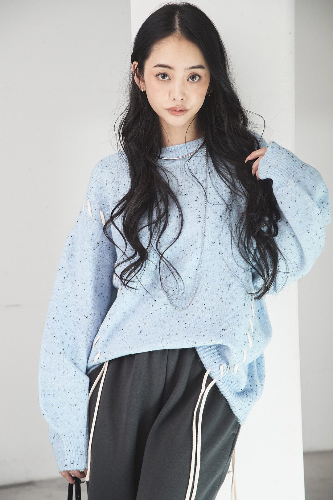 [SET]ネップ編み上げニットトップス+裏起毛スウェットワイドパンツ(2set)