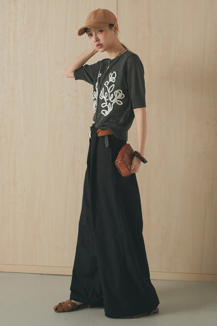 [SET]フロントテープデザイン半袖カーディガン+ベルトループデザインハイウエストタックパンツ(2set)