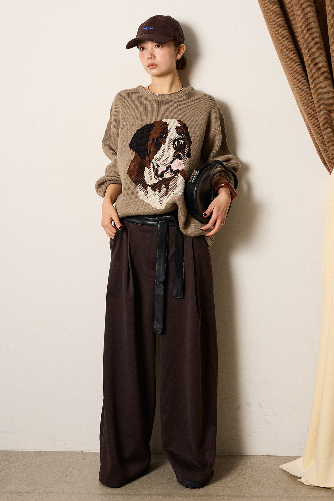 [SET]アニマルジャガード柄ニットトップス+巻ベルトウエストレザーライクワイドパンツ(2set)