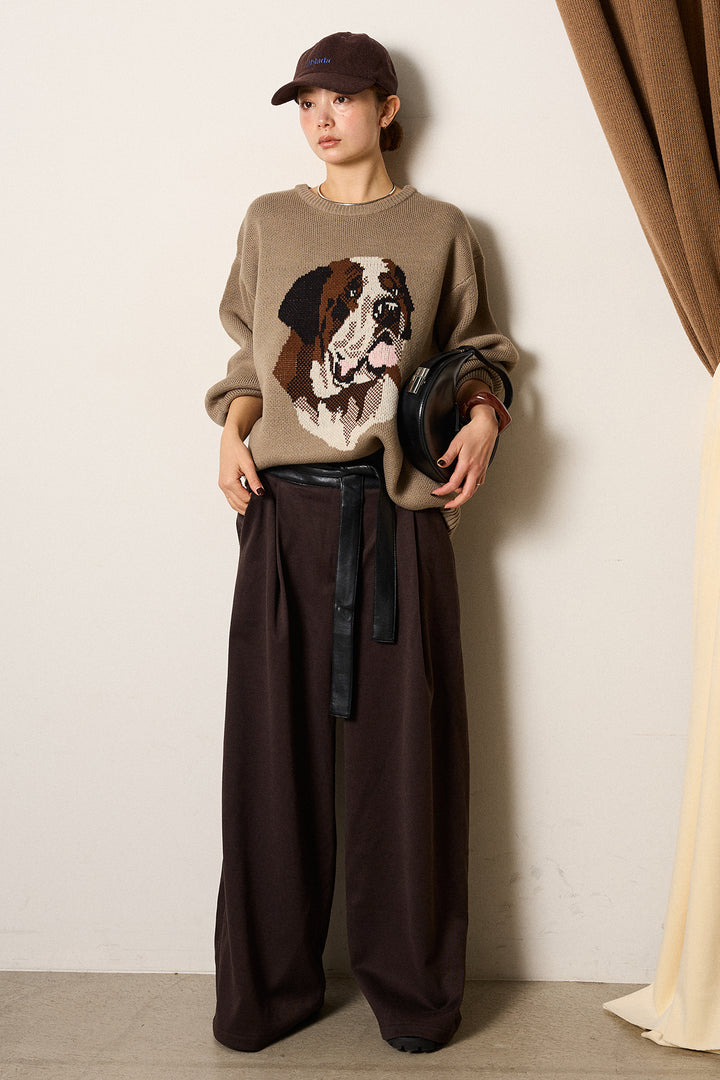 [SET]アニマルジャガード柄ニットトップス+巻ベルトウエストレザーライクワイドパンツ(2set)