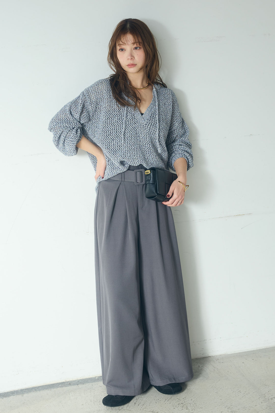 【即納】ミックスメッシュキーネックプルオーバー