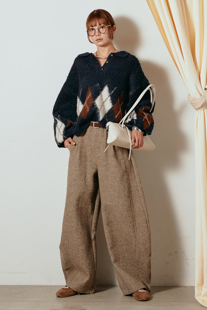 [SET]アーガイル柄ポロニットトップス+ベルト付きネップツイードカーブパンツ(2set)