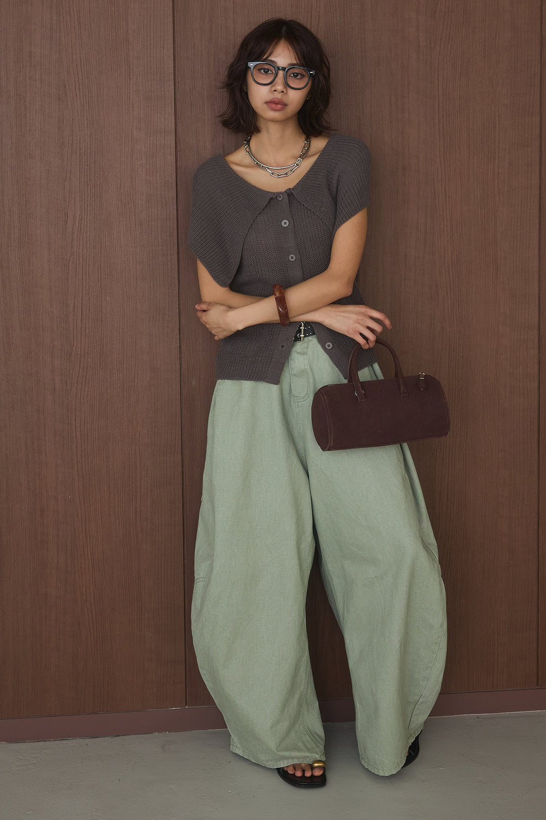 [SET]ビッグカラーボタンニットトップス+ベルト付きカラーデニムパンツ(2set)