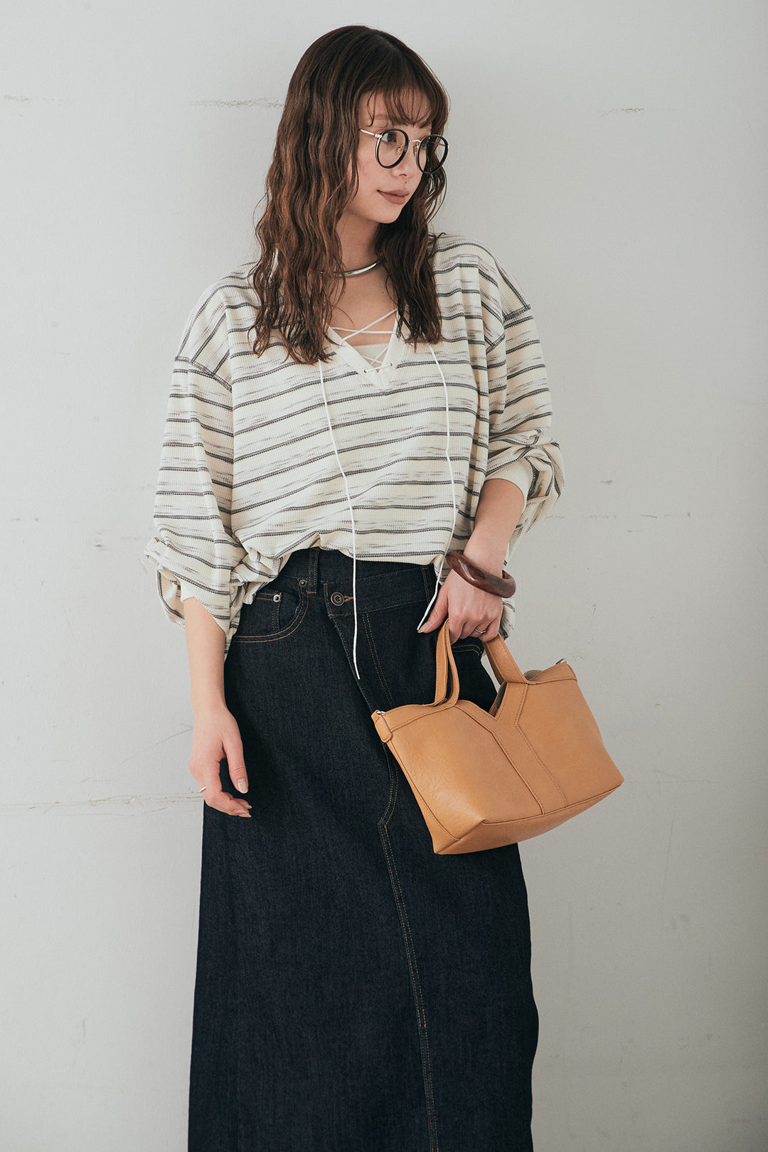 [SET]レースアップワッフルボーダートップス+ウエストクロスデニムタイトスカート(2set)