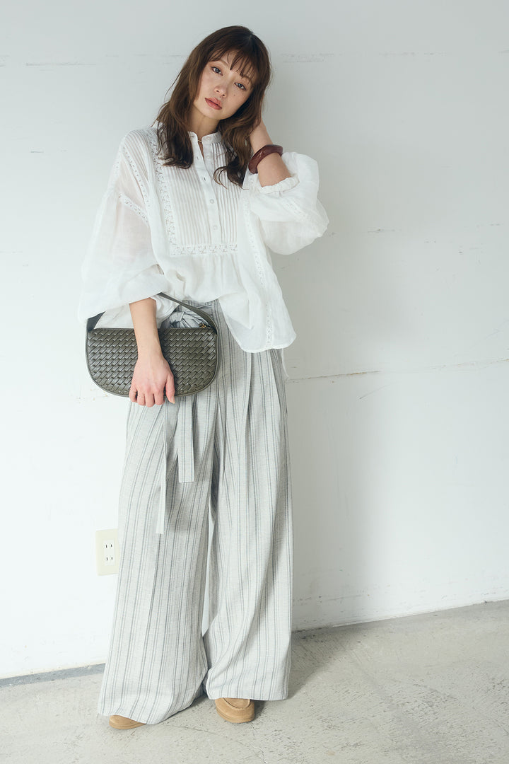 [SET]レース刺繍ラインバンドカラーシャツ+リネンライクピンストライプサイドデザインパンツ(2set)