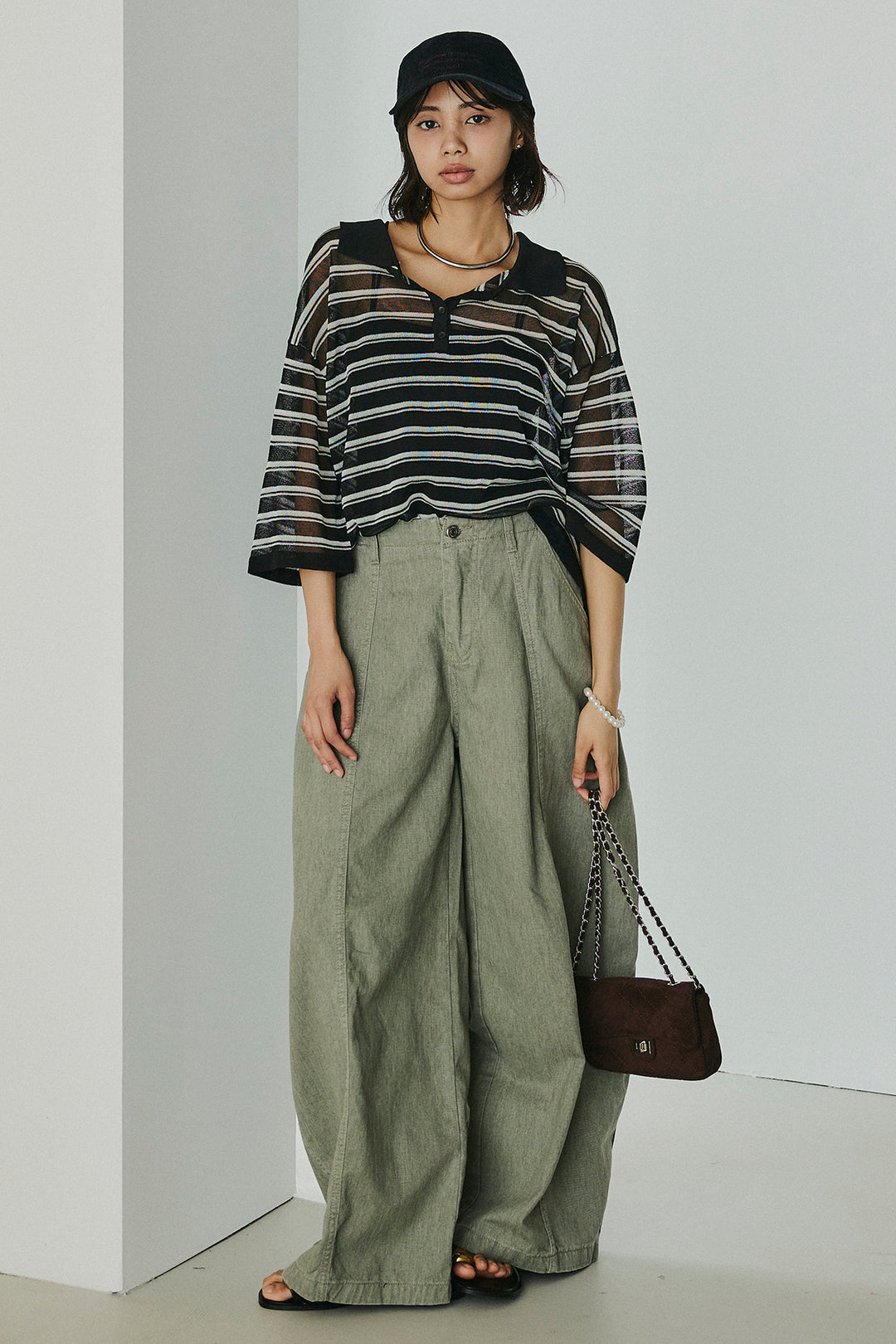 [SET]ボーダーニットポロシャツ+サイドベルトカーブワイドパンツ(2set)