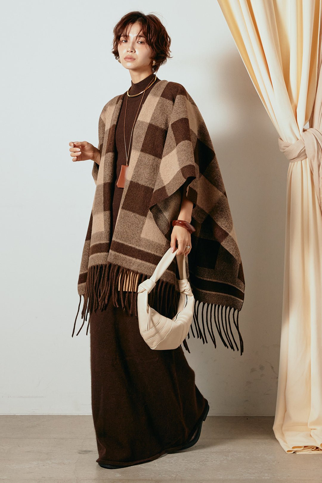 [SET]裾フリンジ柄ポンチョアウター+ノースリーブニットロングワンピース(2set)